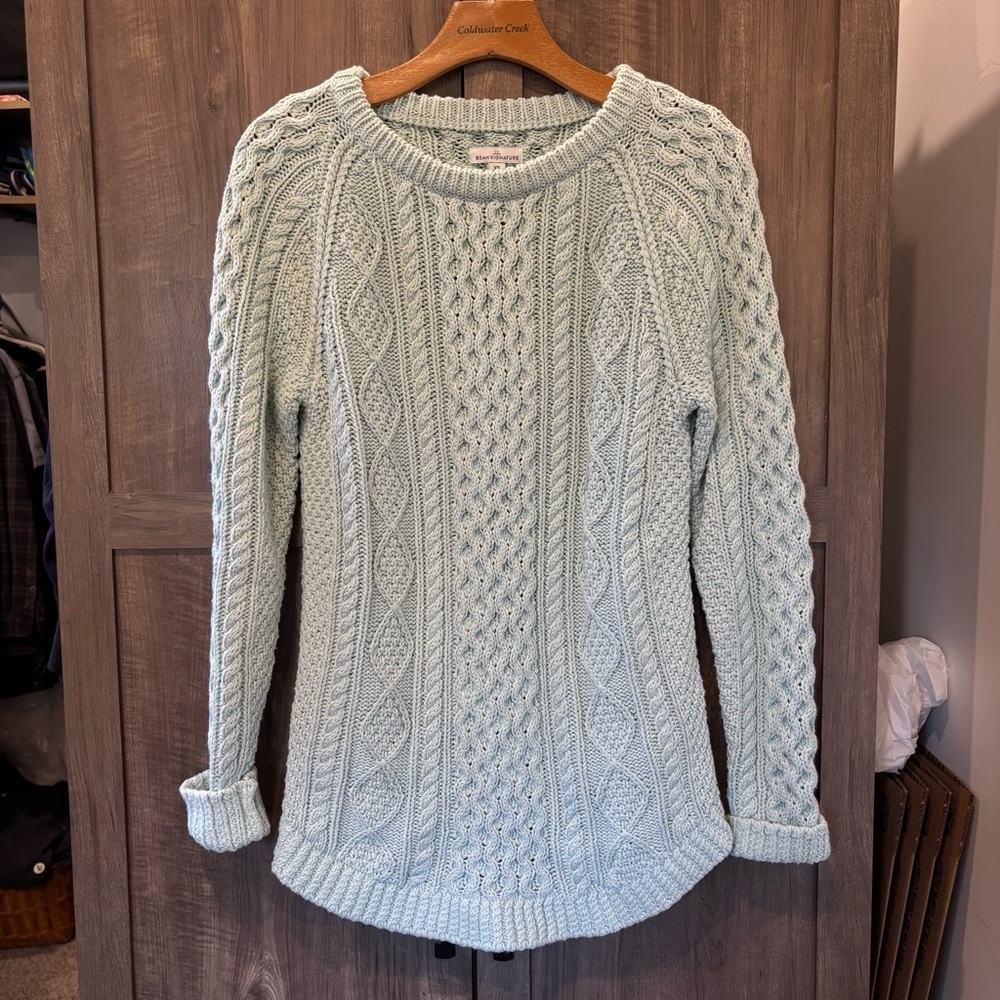 LL Bean Signature XS Cable Knit Fisherman Sweater Chunky Light Teal Side‎ Zip